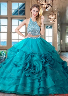 Exclusive Halter Top Brush Train Quinceanera Dress with Ruffles and Beading