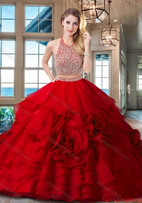 Exclusive Halter Top Brush Train Quinceanera Dress with Ruffles and Beading