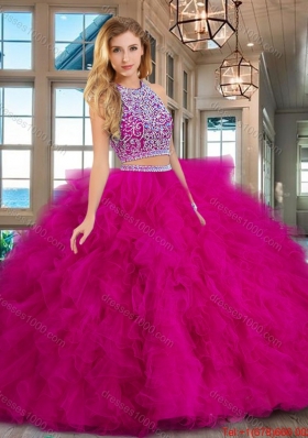 Exclusive Two Piece Ruffled Beaded Bodice Tulle Quinceanera Dress in Fuchsia