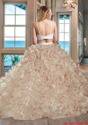 Fashionable Puffy Skirt Straps Beaded and Ruffled Two Piece Backless White and Pink Quinceanera Dresses