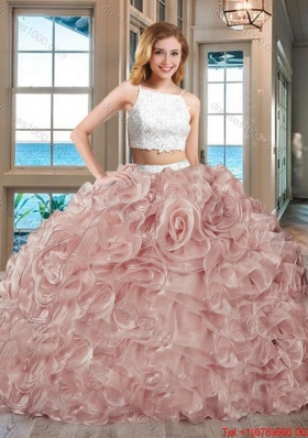 Fashionable Puffy Skirt Straps Beaded and Ruffled Two Piece Backless White and Pink Quinceanera Dresses