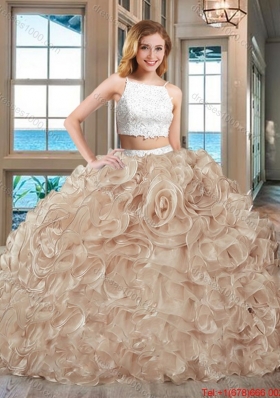 Fashionable Puffy Skirt Straps Beaded and Ruffled Two Piece Backless White and Pink Quinceanera Dresses