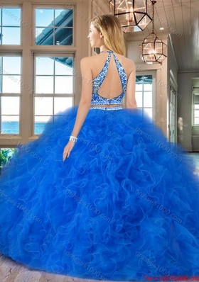 Latest Scoop Blue Brush Train Quinceanera Dress with Ruffles and Beading