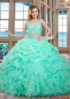 Luxurious Puffy V Neck Two Piece Mint Quinceanera Dresses with Beading and Bubbles