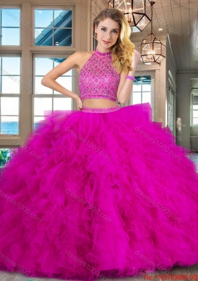 Modest Beaded Bodice and Ruffled Tulle Quinceanera Dress with Brush Train