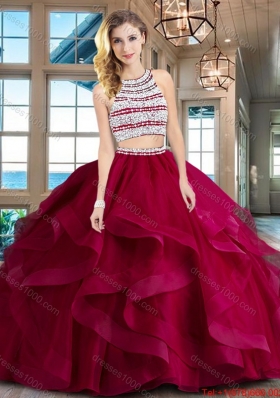 Perfect Ruffled and Beaded Wine Red Quinceanera Dress with Brush Train