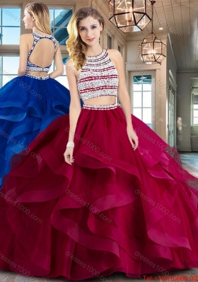 Perfect Ruffled and Beaded Wine Red Quinceanera Dress with Brush Train