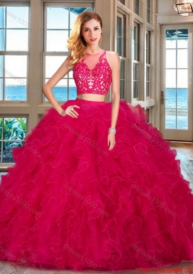 Popular Two Piece See Through Scoop Ruffled and Applique Quinceanera Dress