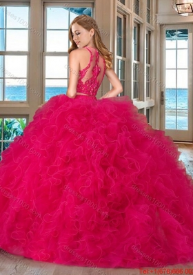 Popular Two Piece See Through Scoop Ruffled and Applique Quinceanera Dress