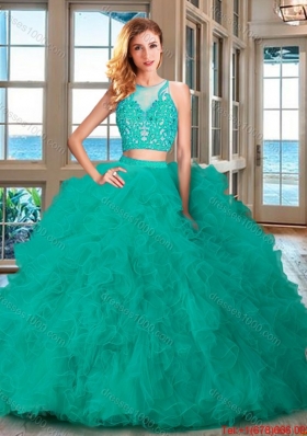 Popular Two Piece See Through Scoop Ruffled and Applique Quinceanera Dress