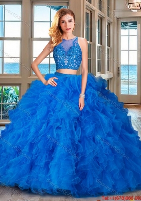 Popular Two Piece See Through Scoop Ruffled and Applique Quinceanera Dress