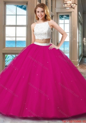 Pretty Ball Gown Straps Tulle Two Piece Backless Quinceanera Dresses White and Pink