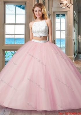 Pretty Ball Gown Straps Tulle Two Piece Backless Quinceanera Dresses White and Pink