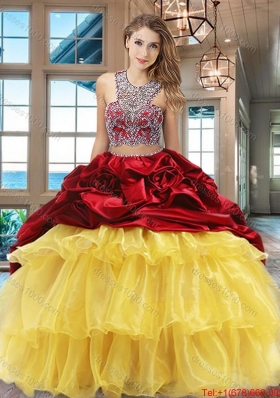 Pretty Ruffled Layers Wine Red and Yellow Quinceanera Dress with Brush Train