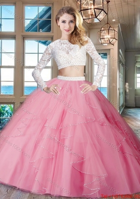 Simple See Through Scoop Zipper Up Quinceanera Dress in Rose Pink