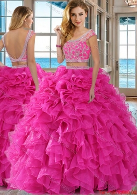 Two Piece Ball Gown Scoop Organza Ruffled and Beaded Cap Sleeves Backless Quinceanera Dresses in Hot Pink