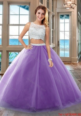 Two Piece Puffy Bateau Side Zipper Purple Quinceanera Dresses with Beading