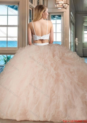 Two Piece Straps Tulle Beaded Two Piece Backless Quinceanera Dresses White and Blue