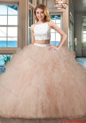 Two Piece Straps Tulle Beaded Two Piece Backless Quinceanera Dresses White and Blue