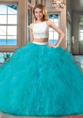 Two Piece Straps Tulle Beaded Two Piece Backless Quinceanera Dresses White and Blue