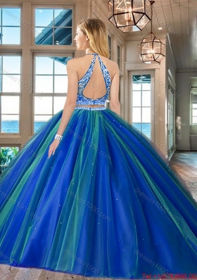 Unique Two Piece Royal Blue Open Back Quinceanera Dress in Tulle