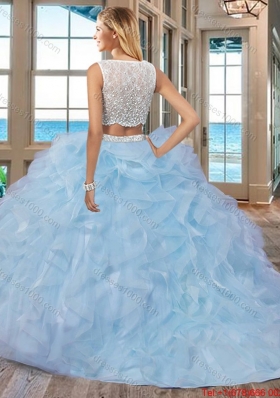 White Bateau Brush Train Side Zipper Two Piece Quinceanera Dresses with Beading