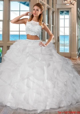 White Bateau Brush Train Side Zipper Two Piece Quinceanera Dresses with Beading