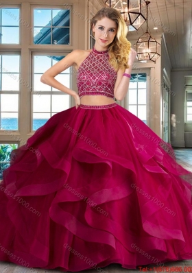 Wonderful Two Piece Tulle Fuchsia Quinceanera Dress with Beading and Ruffles