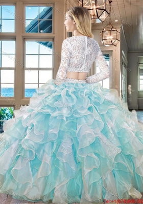 Affordable Organza Laced Ruffled Aquamarine Quinceanera Dress with Long Sleeves