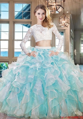 Affordable Organza Laced Ruffled Aquamarine Quinceanera Dress with Long Sleeves