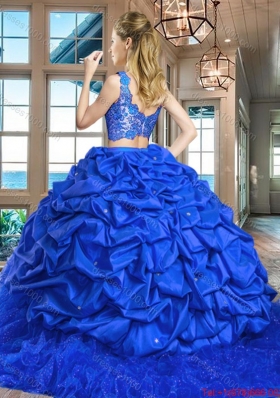 Affordable Tulle and Taffeta Royal Blue Quinceanera Dress with Ruffles and Lace