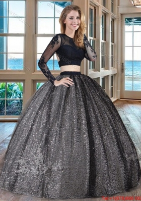 Beautiful Puffy Scoop Sequins Appliqued Long Sleeves Backless Two Piece Quinceanera Dresses