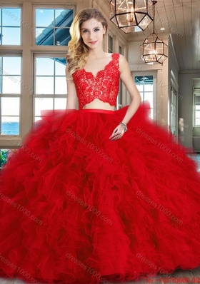 Best Selling Two Piece Ruffled and Laced Red Quinceanera Dress in Tulle