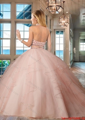 Designer Backless Ruffled and Beaded Bodice Quinceanera Dress in Light Pink