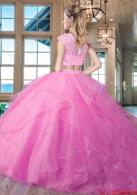 Exquisite Zipper Up Ruffled and Applique Quinceanera Dress with Brush Train