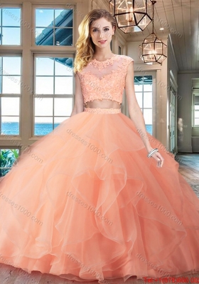 Exquisite Zipper Up Ruffled and Applique Quinceanera Dress with Brush Train