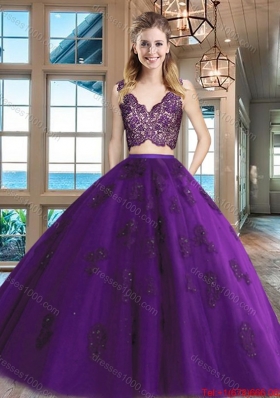 Exquisite Zipper Up V Neck Applique and Laced Quinceanera Gown in Purple