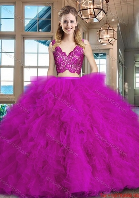 Fashionable Laced Zipper Up Fuchsia Tulle Quinceanera Dress with Brush Train