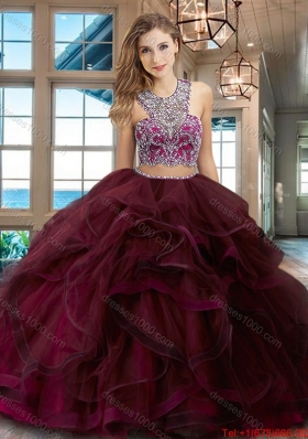 Gorgeous Brush Train Burgundy Quinceanera Dress with Ruffles and Beading