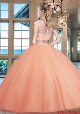 Gorgeous Two Piece Puffy Skirt Applique Tulle Quinceanera Dress in Peach