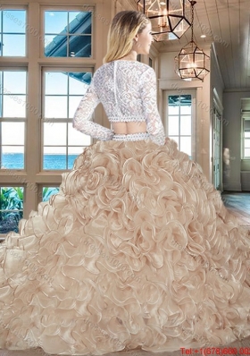 Hot Sale Two Piece Brush Train Laced Organza Sweet 16 Dress in Champagne