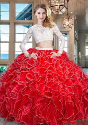 Latest Organza Red Quinceanera Dress with Laced Bodice and Beaded Decorated Waist