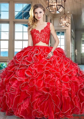 Latest Two Piece Ruffled and Laced Bodice Red Quinceanera Dress in Organza