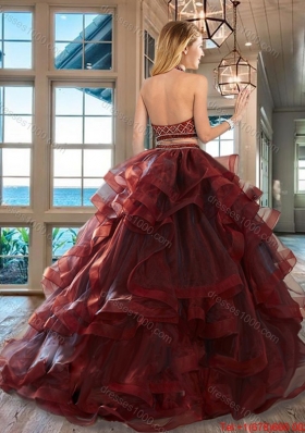 Lovely Halter Top Burgundy Tulle Detachable Quinceanera Gown with Ruffles and Beading