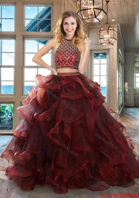 Lovely Halter Top Burgundy Tulle Detachable Quinceanera Gown with Ruffles and Beading