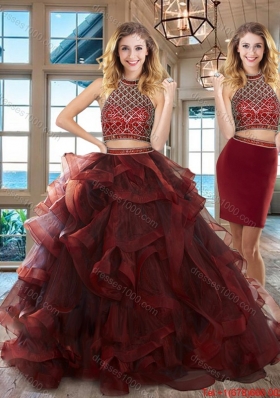 Lovely Halter Top Burgundy Tulle Detachable Quinceanera Gown with Ruffles and Beading