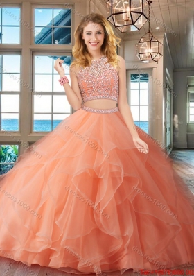 Luxurious Beaded Bodice and Ruffled Peach Quinceanera Dress with Brush Train