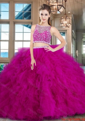 Pretty Two Piece Fuchsia Brush Train Quinceanera Dress with Ruffles and Beading