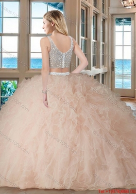 Puffy Ball Gown V Neck Tulle Two Piece Quinceanera Dresses with Beading and Ruffles