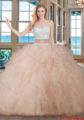 Puffy Ball Gown V Neck Tulle Two Piece Quinceanera Dresses with Beading and Ruffles